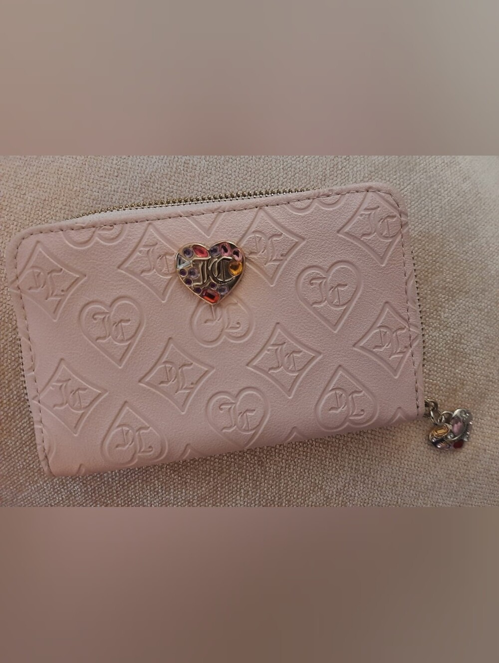 Juice Couture Pink Embossed Leather Zip Wallet with Heart Accent